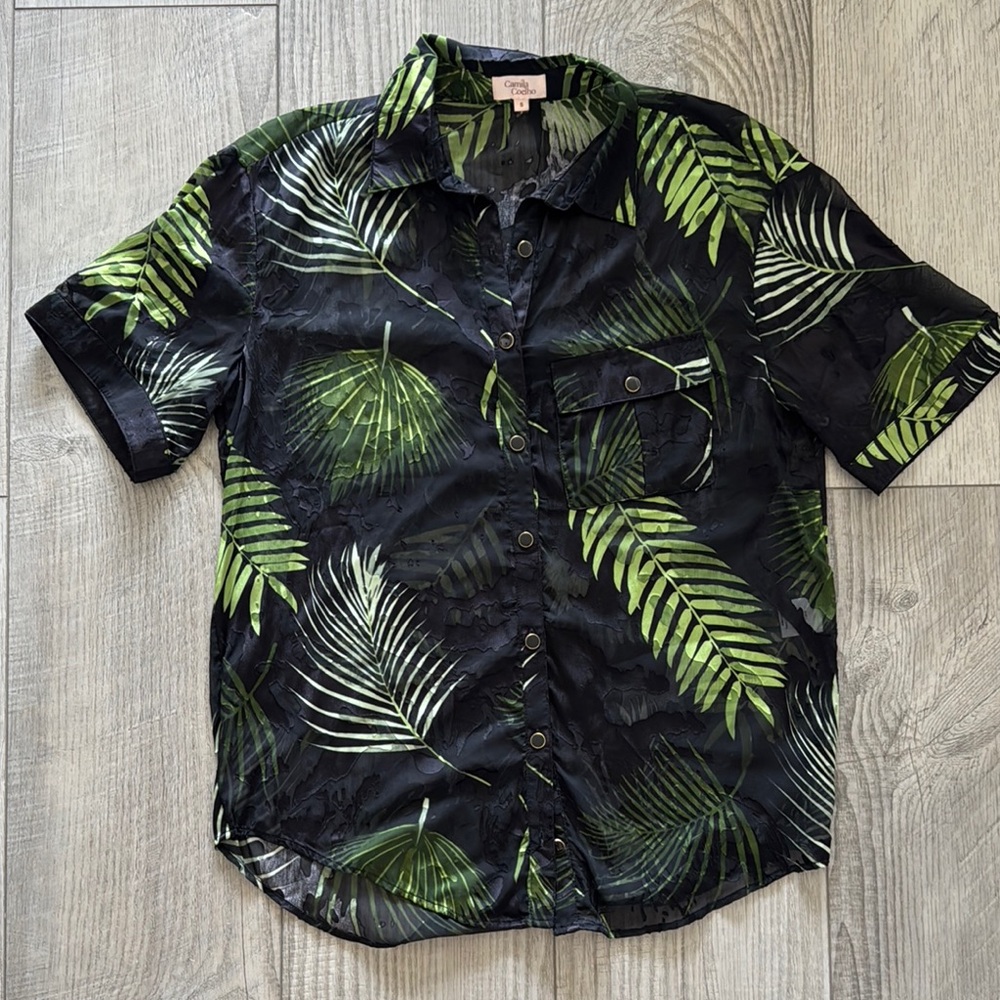 Camila Coelho Green and Black Casual Button Down Shirt with Tropical Leaf Print
